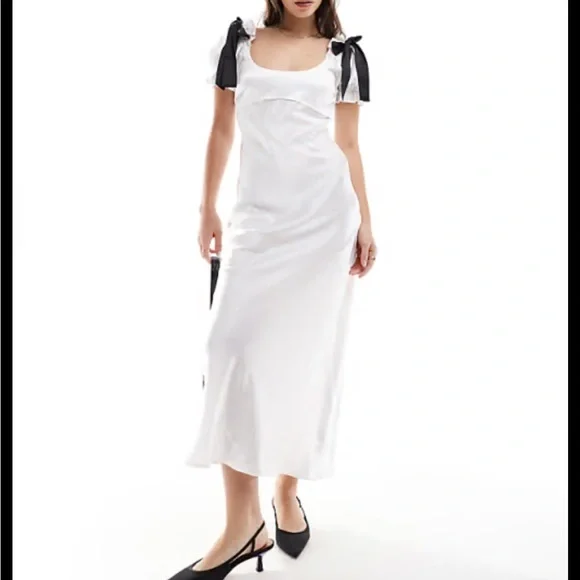 ASOS DESIGN satin puff sleeve midi tea dress in white - Picture 1 of 13